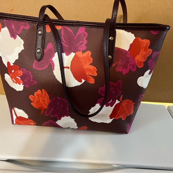 Coach Burgundy Floral Print Leather Tote with Multi-Color Blooms - Picture 2 of 6
